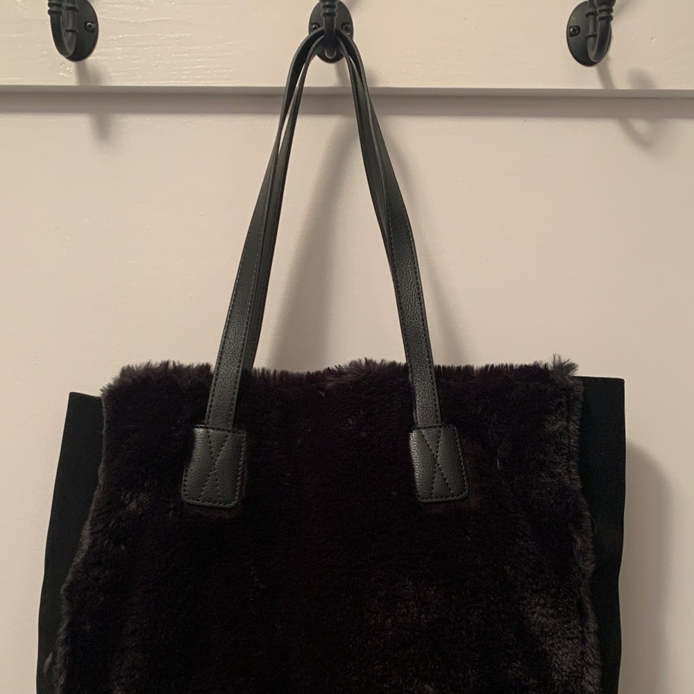 GAP Black Faux Fur Tote with Leather Straps